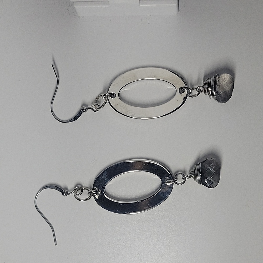 Teardrop silver plated ovals with a faceted smokey quartz dangle earrings